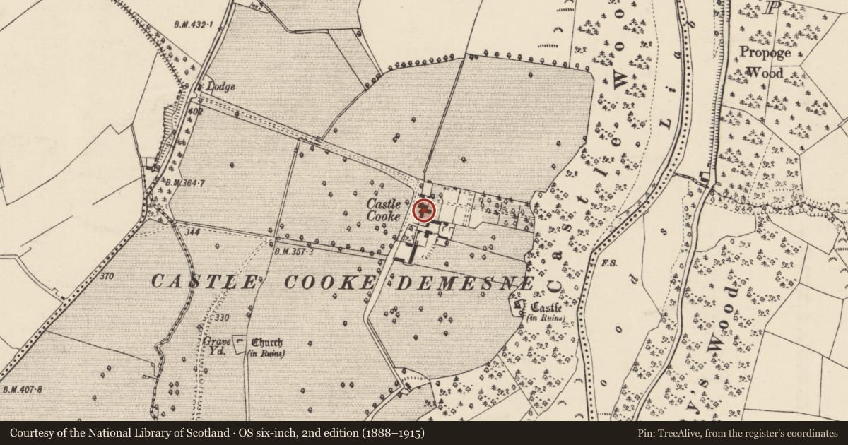 Ordnance Survey six-inch map, 2nd edition (1888–1915) covering the location of Country house, Castlecooke, County Cork, with a pin at the register's coordinates