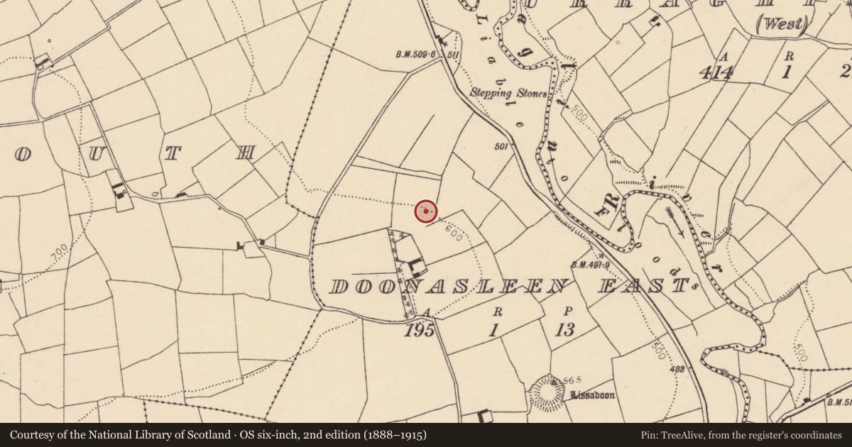 Ordnance Survey six-inch map, 2nd edition (1888–1915) covering the location of Kiln - lime, Doonasleen East, County Cork, with a pin at the register's coordinates