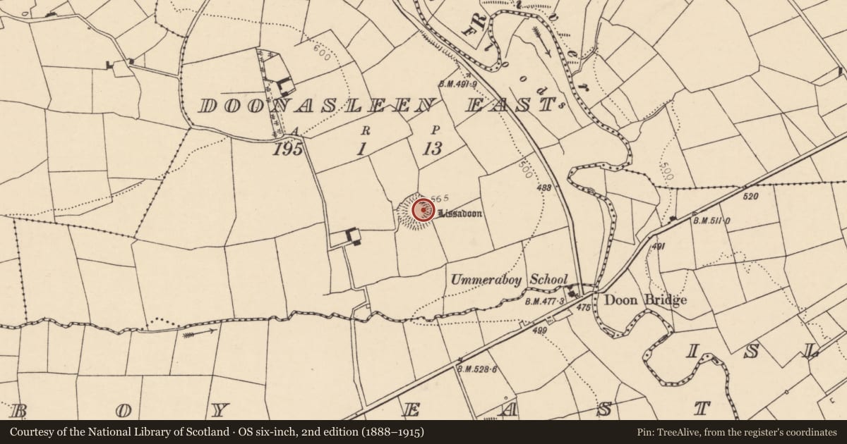 Ordnance Survey six-inch map, 2nd edition (1888–1915) covering the location of Ringfort - rath, Doonasleen East, County Cork, with a pin at the register's coordinates