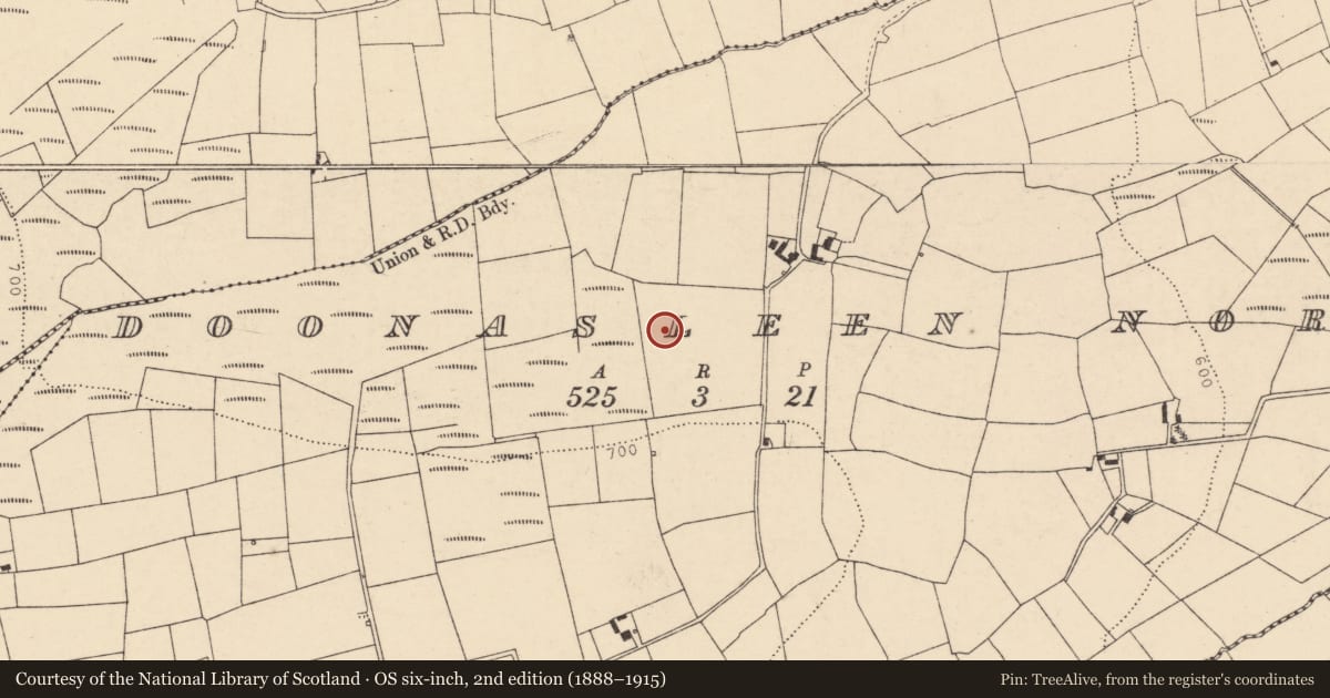 Ordnance Survey six-inch map, 2nd edition (1888–1915) covering the location of Fulacht fia, Doonasleen North, County Cork, with a pin at the register's coordinates