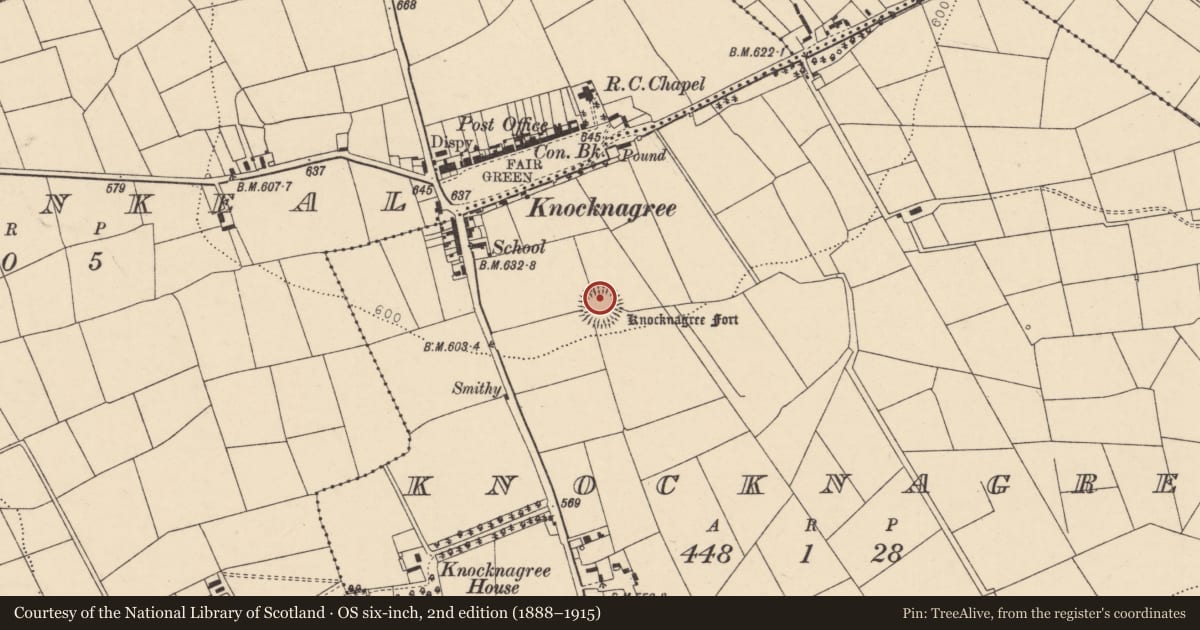 Ordnance Survey six-inch map, 2nd edition (1888–1915) covering the location of Souterrain, Knocknagree, County Cork, with a pin at the register's coordinates