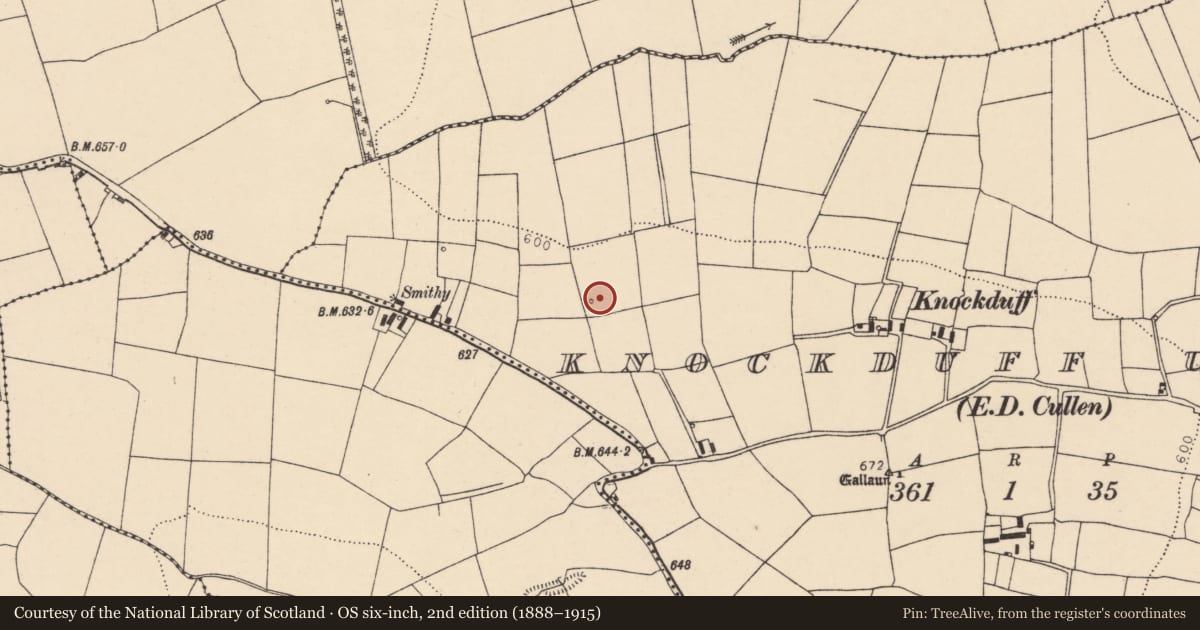 Ordnance Survey six-inch map, 2nd edition (1888–1915) covering the location of Fulacht fia, Knockduff Upper (Duhallow By., Cullen Par.), County Cork, with a pin at the register's coordinates