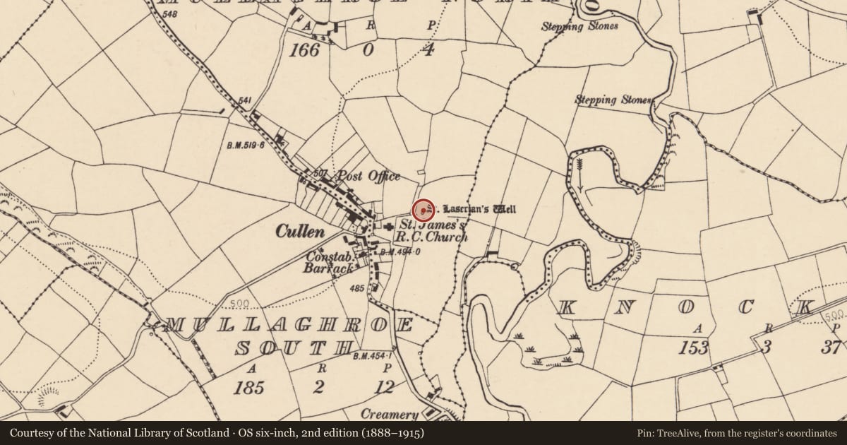 Ordnance Survey six-inch map, 2nd edition (1888–1915) covering the location of Ritual site - holy well, Mullaghroe North, County Cork, with a pin at the register's coordinates
