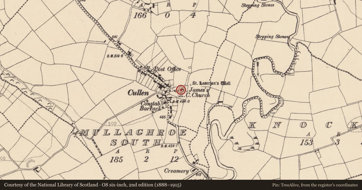 Ordnance Survey six-inch map, 2nd edition (1888–1915) covering the location of Religious house - unclassified, Mullaghroe North, County Cork, with a pin at the register's coordinates