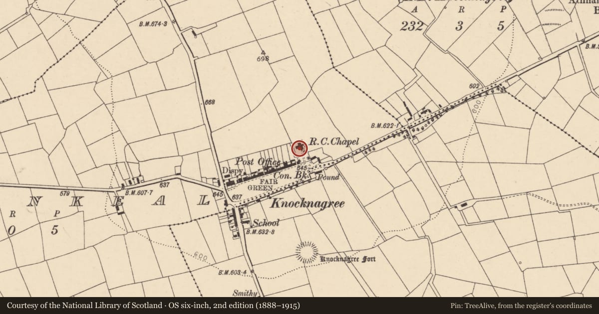 Ordnance Survey six-inch map, 2nd edition (1888–1915) covering the location of Church, Farrankeal, County Cork, with a pin at the register's coordinates
