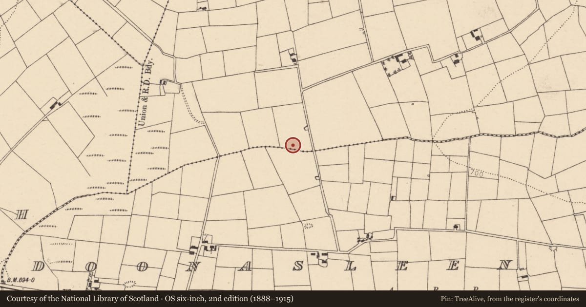 Ordnance Survey six-inch map, 2nd edition (1888–1915) covering the location of Fulacht fia, Doonasleen North, County Cork, with a pin at the register's coordinates