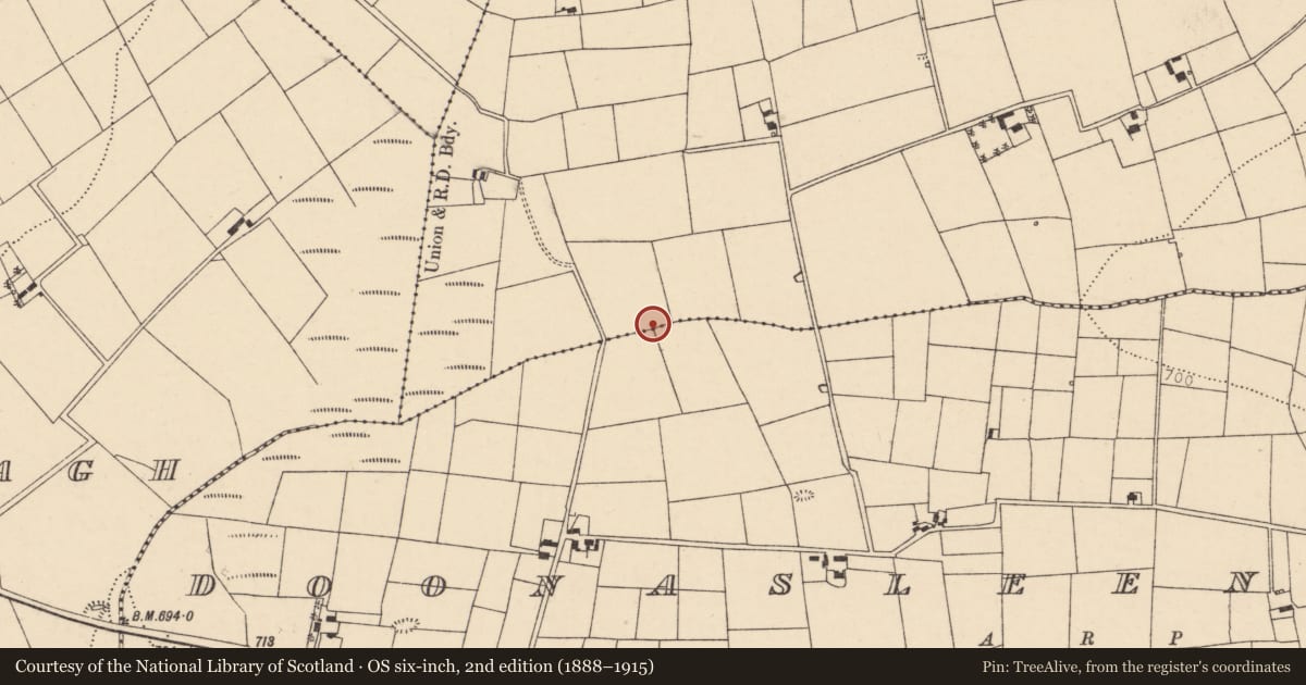 Ordnance Survey six-inch map, 2nd edition (1888–1915) covering the location of Fulacht fia, Doonasleen North, County Cork, with a pin at the register's coordinates