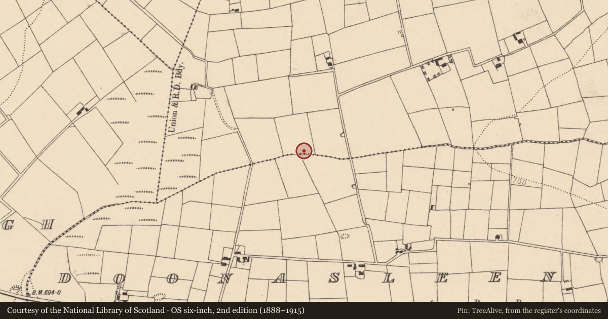 Ordnance Survey six-inch map, 2nd edition (1888–1915) covering the location of Fulacht fia, Doonasleen North, County Cork, with a pin at the register's coordinates
