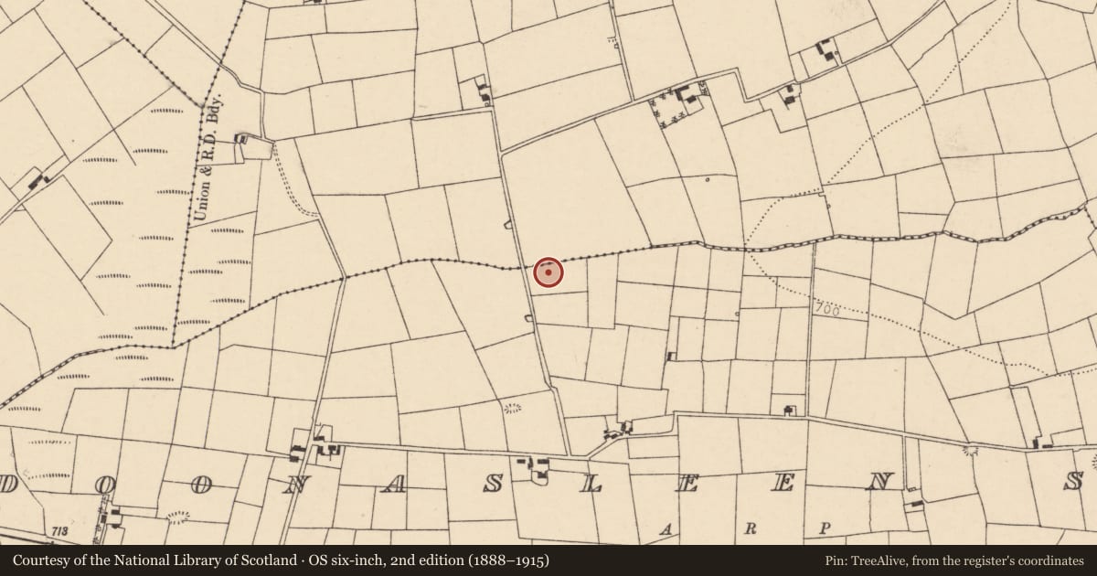 Ordnance Survey six-inch map, 2nd edition (1888–1915) covering the location of Fulacht fia, Doonasleen South, County Cork, with a pin at the register's coordinates