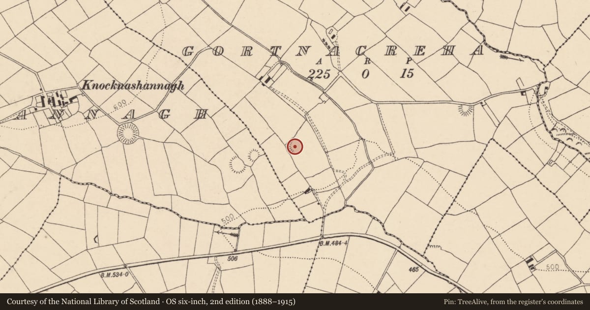 Ordnance Survey six-inch map, 2nd edition (1888–1915) covering the location of Souterrain, Gortnacreha, County Cork, with a pin at the register's coordinates