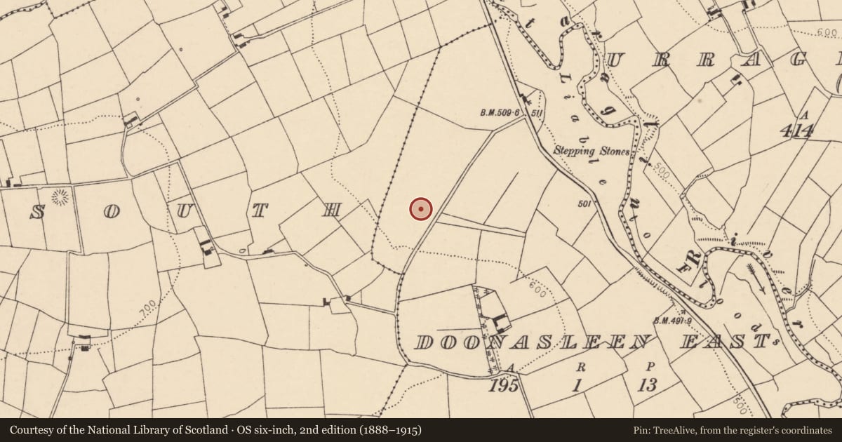 Ordnance Survey six-inch map, 2nd edition (1888–1915) covering the location of Enclosure, Doonasleen East, County Cork, with a pin at the register's coordinates