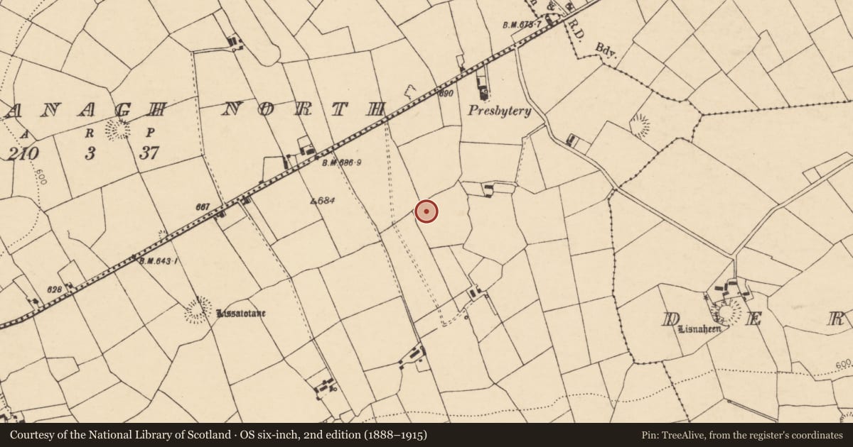 Ordnance Survey six-inch map, 2nd edition (1888–1915) covering the location of Ringfort - rath, Loumanagh South, County Cork, with a pin at the register's coordinates