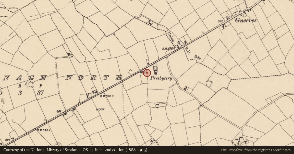 Ordnance Survey six-inch map, 2nd edition (1888–1915) covering the location of Ringfort - rath, Loumanagh South, County Cork, with a pin at the register's coordinates