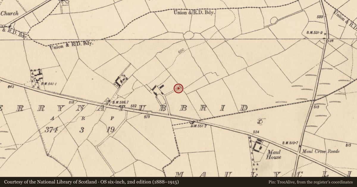 Ordnance Survey six-inch map, 2nd edition (1888–1915) covering the location of Ritual site - holy well, Derrynatubbrid, County Cork, with a pin at the register's coordinates