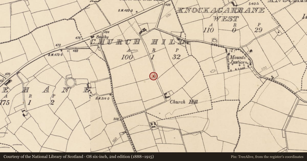 Ordnance Survey six-inch map, 2nd edition (1888–1915) covering the location of Burial ground, Church Hill, County Cork, with a pin at the register's coordinates