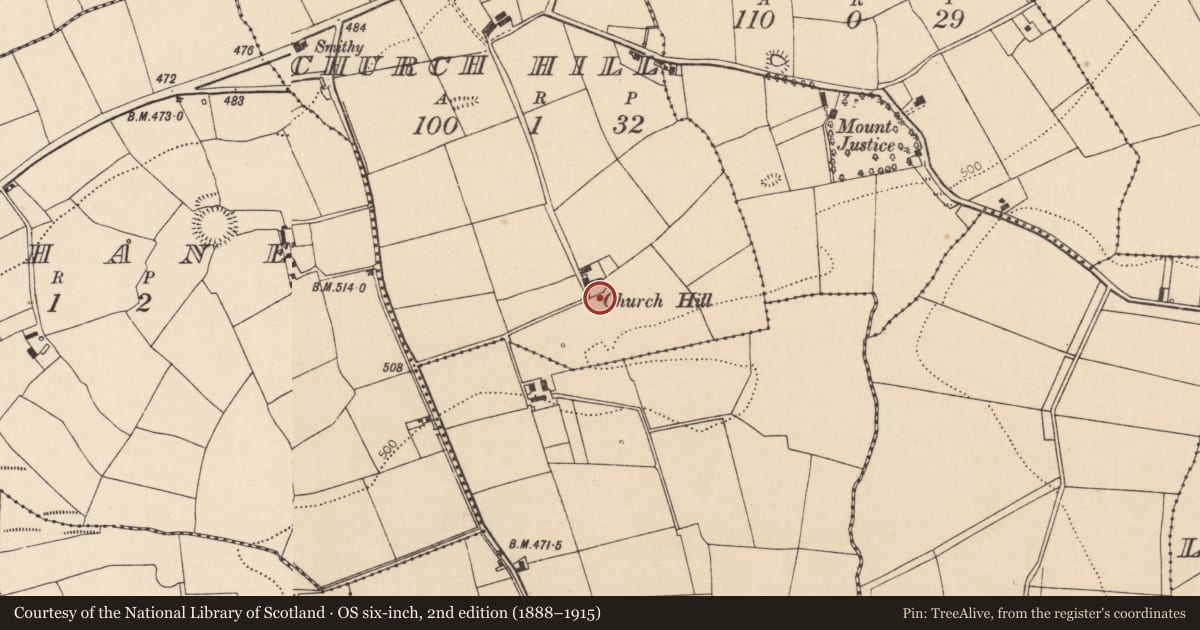 Ordnance Survey six-inch map, 2nd edition (1888–1915) covering the location of Standing stone, Church Hill, County Cork, with a pin at the register's coordinates