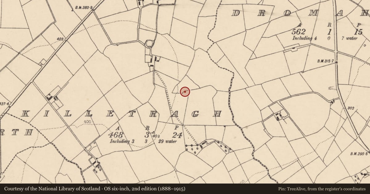 Ordnance Survey six-inch map, 2nd edition (1888–1915) covering the location of Ringfort - rath, Killetragh, County Cork, with a pin at the register's coordinates