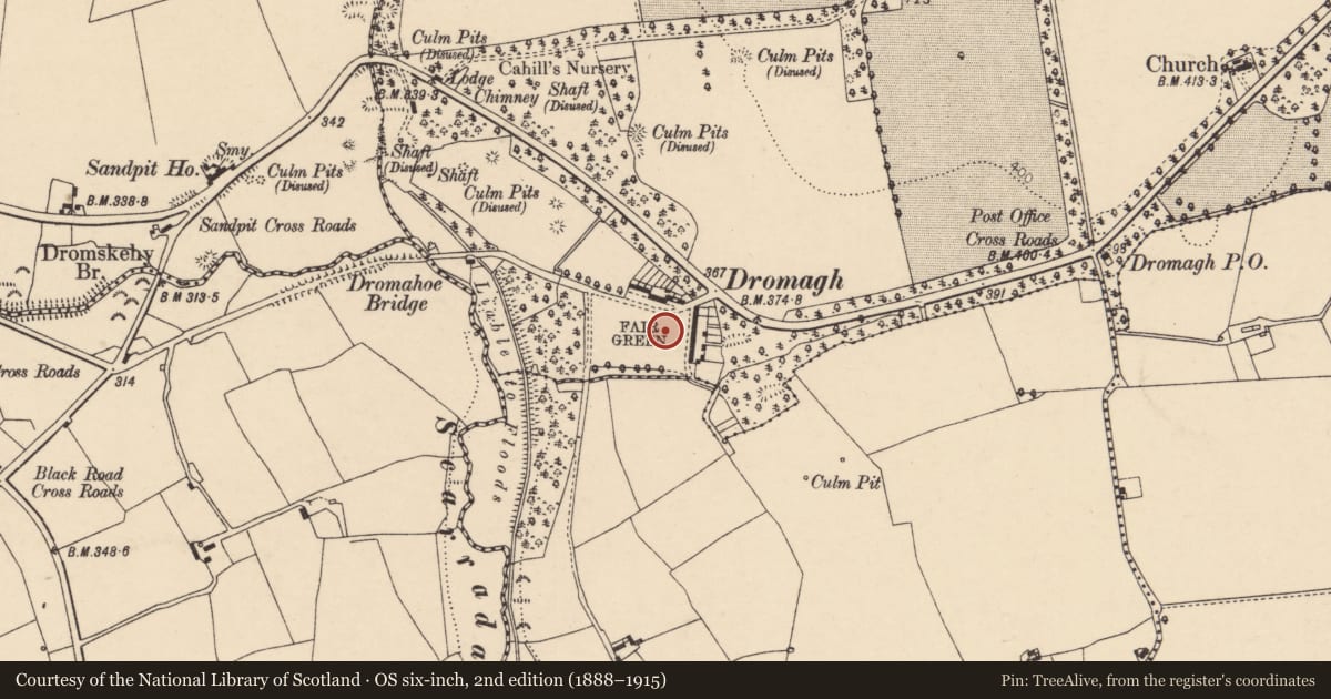 Ordnance Survey six-inch map, 2nd edition (1888–1915) covering the location of Miner's settlement, Dromagh, County Cork, with a pin at the register's coordinates