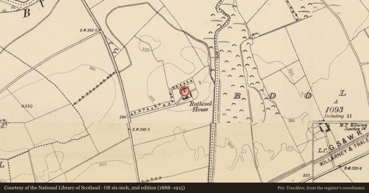 Ordnance Survey six-inch map, 2nd edition (1888–1915) covering the location of Ringfort - rath, Rathcool, County Cork, with a pin at the register's coordinates