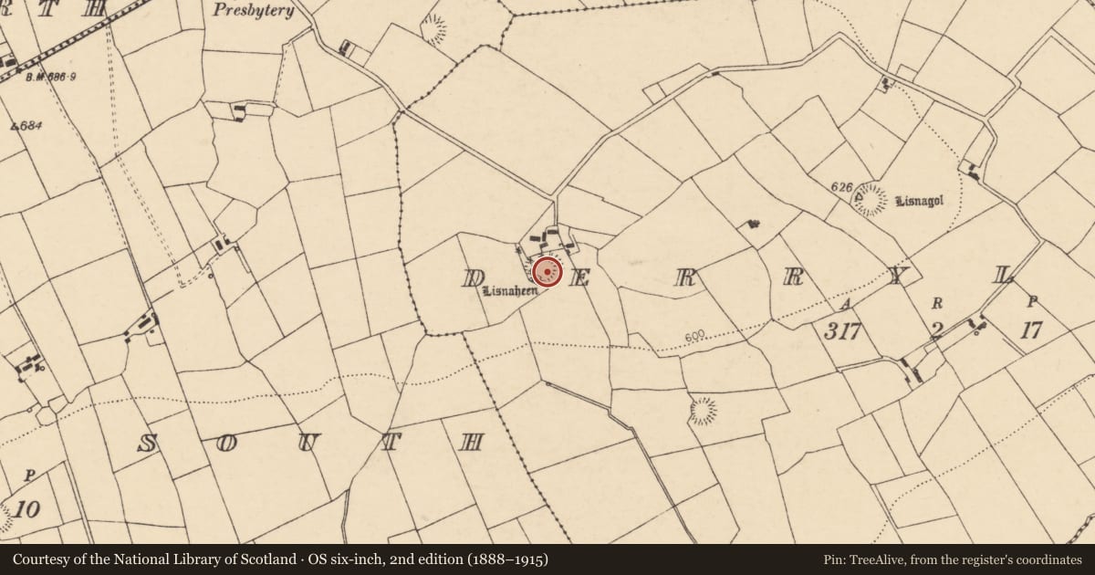 Ordnance Survey six-inch map, 2nd edition (1888–1915) covering the location of Souterrain, Derryleagh, County Cork, with a pin at the register's coordinates