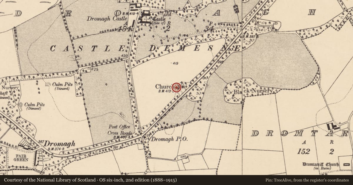 Ordnance Survey six-inch map, 2nd edition (1888–1915) covering the location of Graveyard, Dromagh, County Cork, with a pin at the register's coordinates