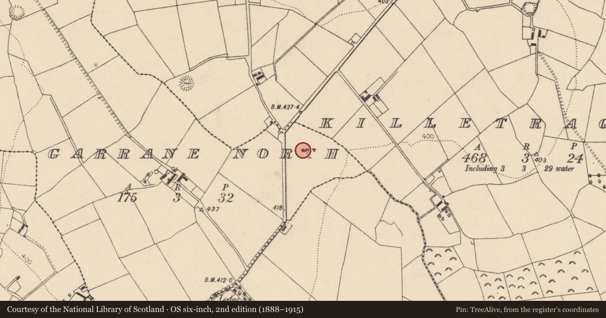Ordnance Survey six-inch map, 2nd edition (1888–1915) covering the location of Fulacht fia, Garrane North, County Cork, with a pin at the register's coordinates