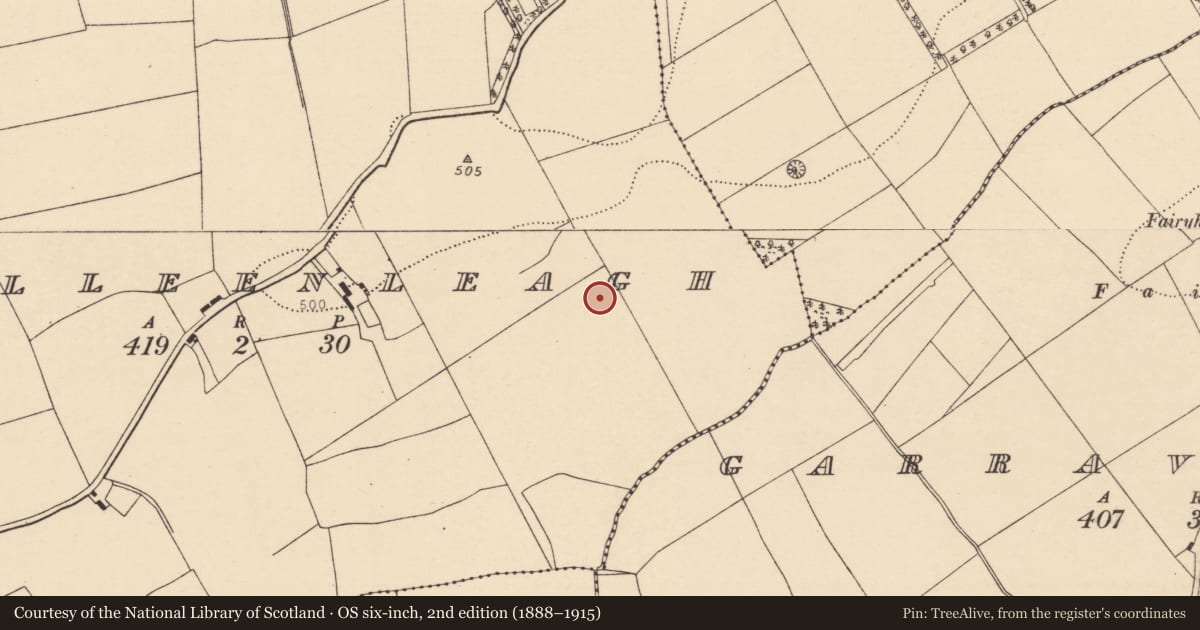 Ordnance Survey six-inch map, 2nd edition (1888–1915) covering the location of Fulacht fia, Killeenleagh, County Cork, with a pin at the register's coordinates