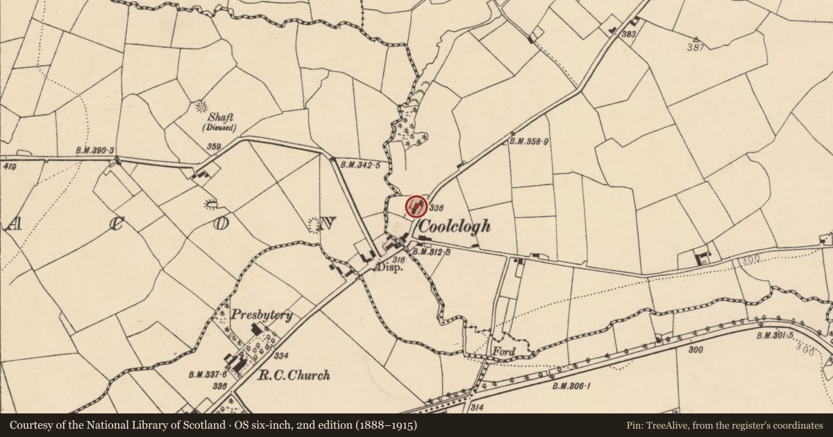 Ordnance Survey six-inch map, 2nd edition (1888–1915) covering the location of House - vernacular house, Coolclogh, County Cork, with a pin at the register's coordinates