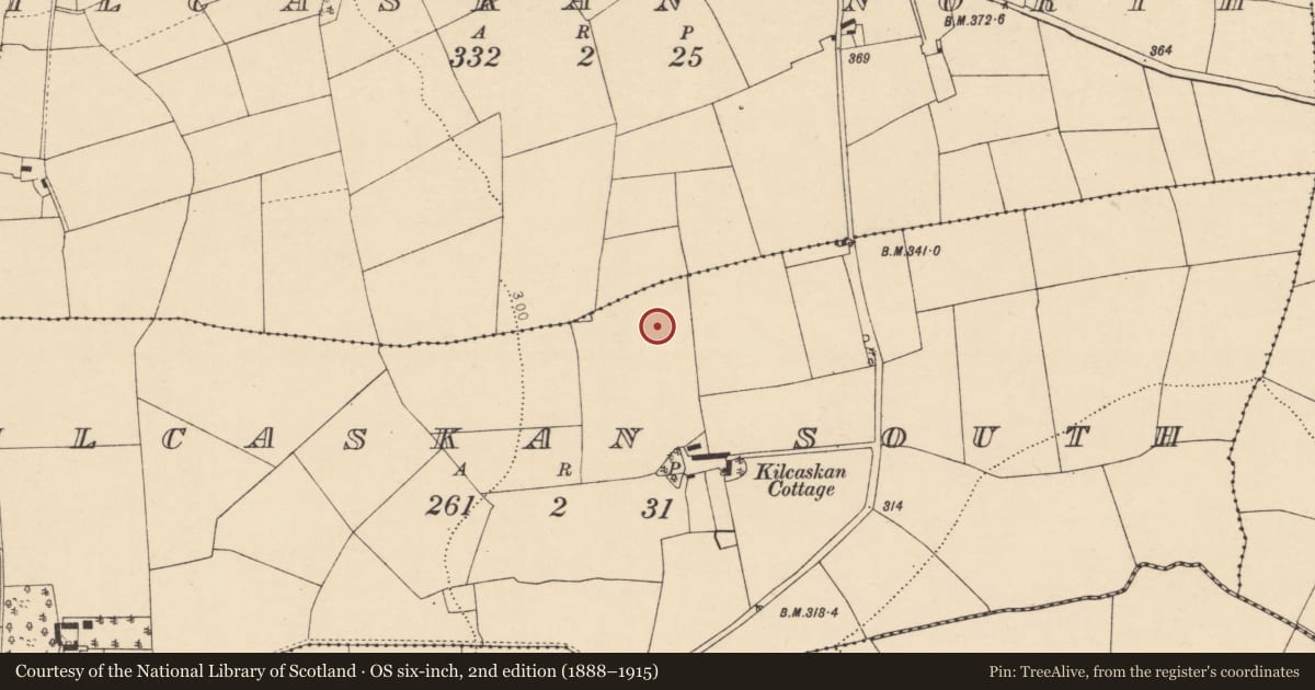 Ordnance Survey six-inch map, 2nd edition (1888–1915) covering the location of Burial ground, Kilcaskan South, County Cork, with a pin at the register's coordinates