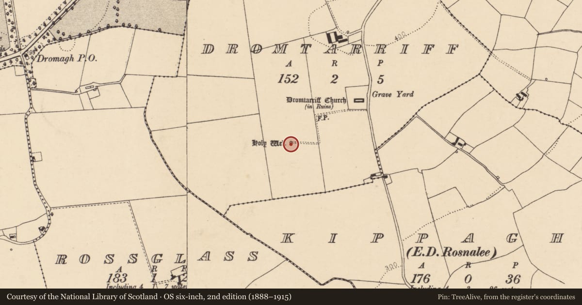 Ordnance Survey six-inch map, 2nd edition (1888–1915) covering the location of Ritual site - holy well, Dromtarriff, County Cork, with a pin at the register's coordinates