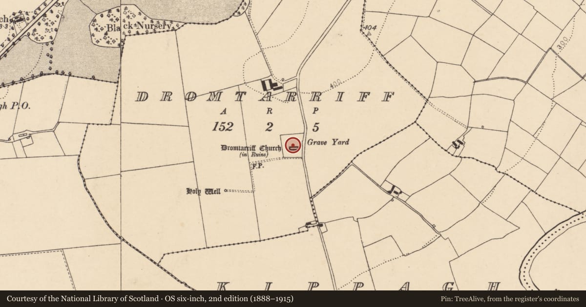 Ordnance Survey six-inch map, 2nd edition (1888–1915) covering the location of Graveyard, Dromtarriff, County Cork, with a pin at the register's coordinates