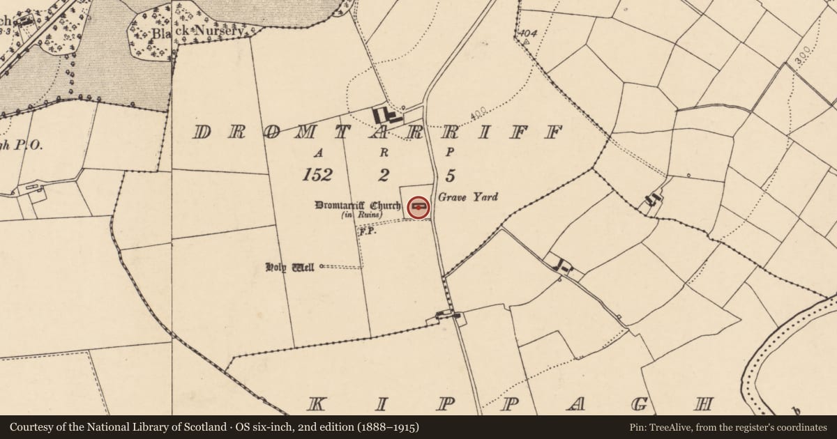 Ordnance Survey six-inch map, 2nd edition (1888–1915) covering the location of Church, Dromtarriff, County Cork, with a pin at the register's coordinates