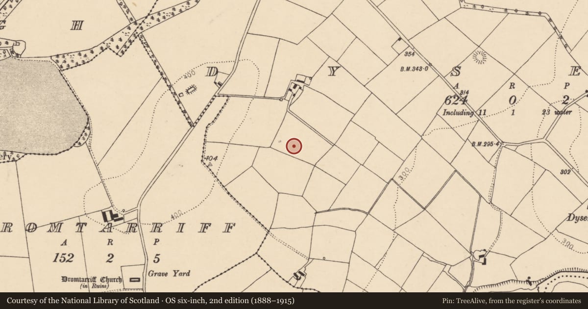 Ordnance Survey six-inch map, 2nd edition (1888–1915) covering the location of Fulacht fia, Dysert, County Cork, with a pin at the register's coordinates