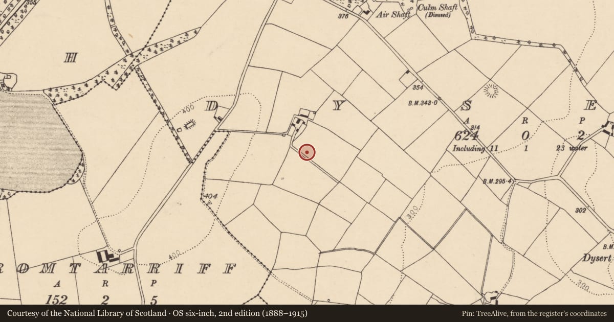 Ordnance Survey six-inch map, 2nd edition (1888–1915) covering the location of Fulacht fia, Dysert, County Cork, with a pin at the register's coordinates