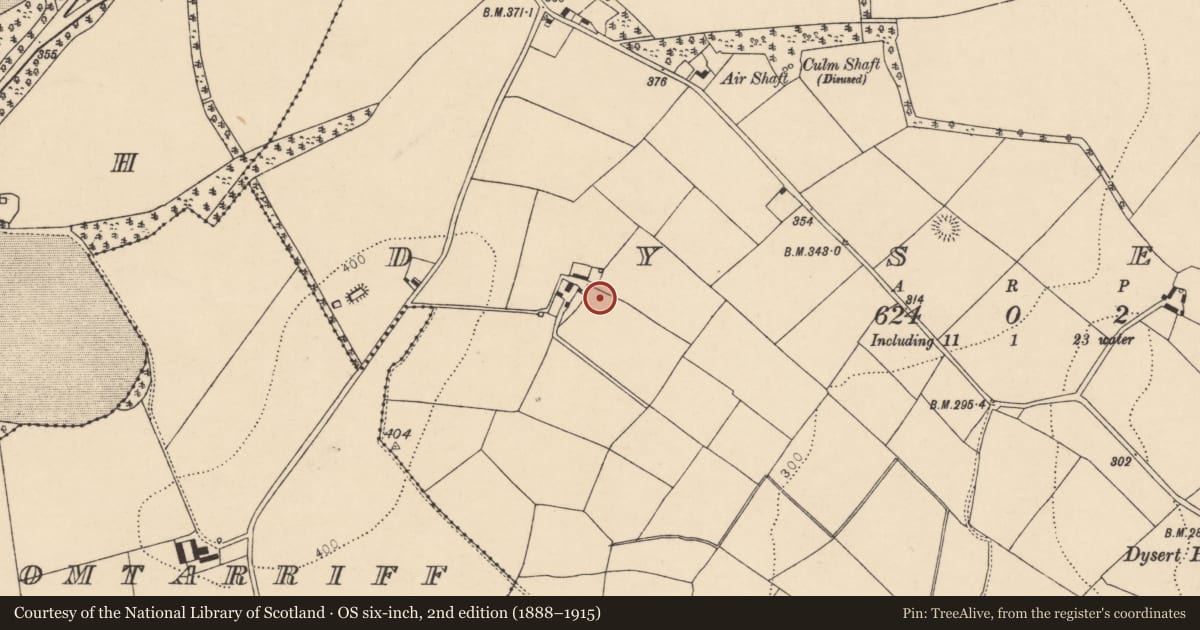 Ordnance Survey six-inch map, 2nd edition (1888–1915) covering the location of Fulacht fia, Dysert, County Cork, with a pin at the register's coordinates