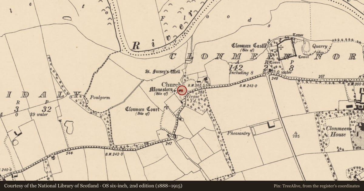 Ordnance Survey six-inch map, 2nd edition (1888–1915) covering the location of Graveyard, Clonmeen North, County Cork, with a pin at the register's coordinates