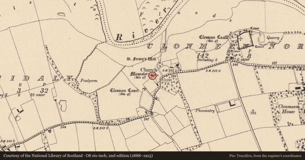 Ordnance Survey six-inch map, 2nd edition (1888–1915) covering the location of Religious house - Augustinian friars, Clonmeen North, County Cork, with a pin at the register's coordinates