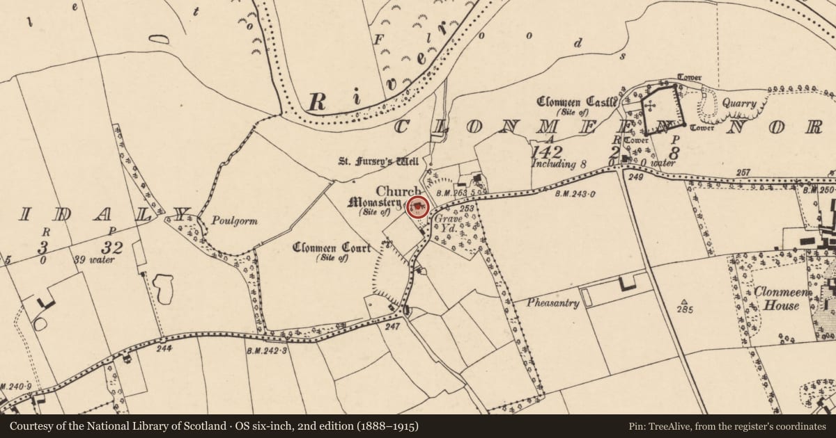 Ordnance Survey six-inch map, 2nd edition (1888–1915) covering the location of Church, Clonmeen North, County Cork, with a pin at the register's coordinates