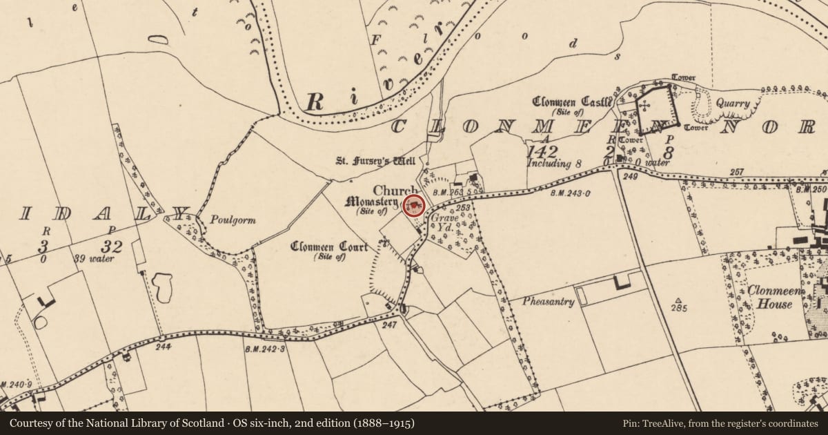 Ordnance Survey six-inch map, 2nd edition (1888–1915) covering the location of Church, Clonmeen North, County Cork, with a pin at the register's coordinates