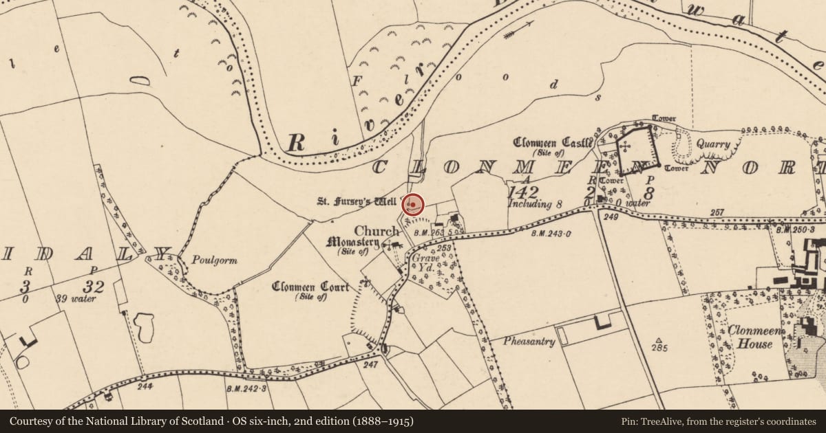 Ordnance Survey six-inch map, 2nd edition (1888–1915) covering the location of Ritual site - holy well, Clonmeen North, County Cork, with a pin at the register's coordinates