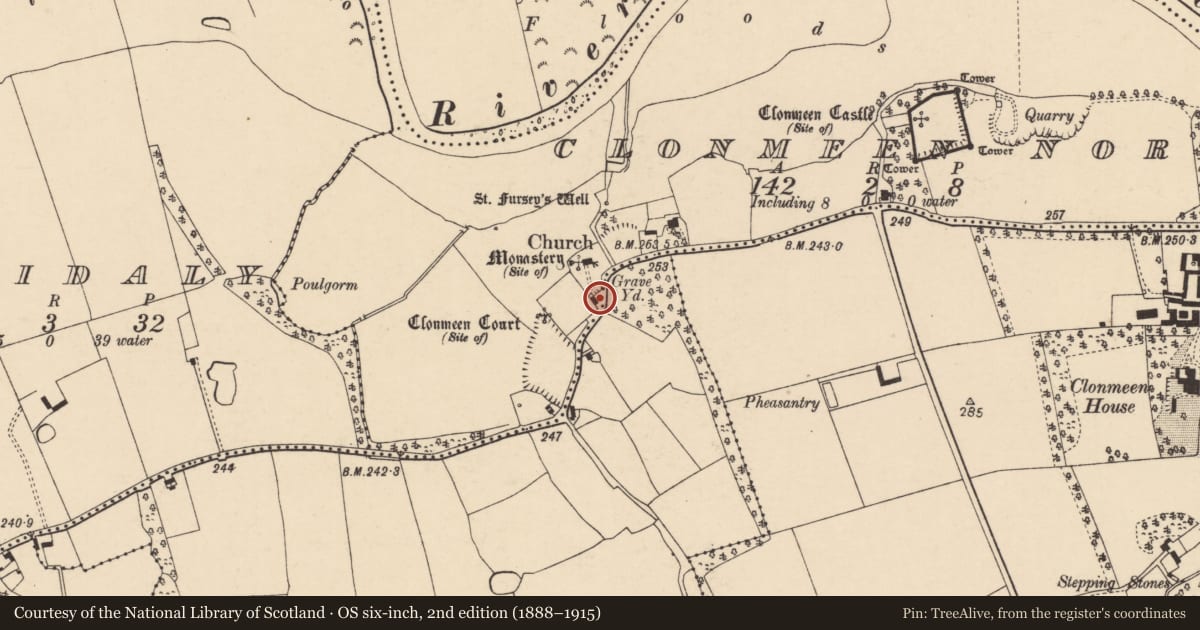 Ordnance Survey six-inch map, 2nd edition (1888–1915) covering the location of School, Clonmeen North, County Cork, with a pin at the register's coordinates