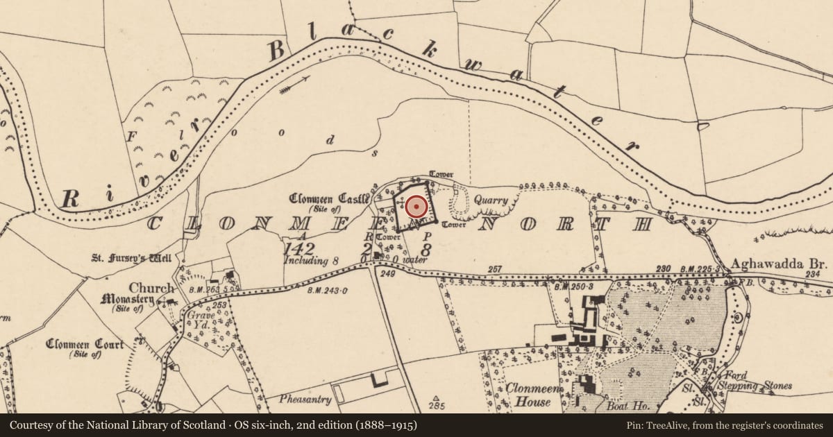 Ordnance Survey six-inch map, 2nd edition (1888–1915) covering the location of Bawn, Clonmeen North, County Cork, with a pin at the register's coordinates