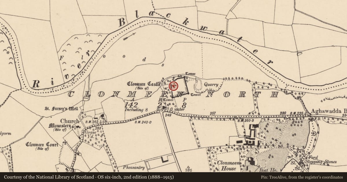 Ordnance Survey six-inch map, 2nd edition (1888–1915) covering the location of Castle - unclassified, Clonmeen North, County Cork, with a pin at the register's coordinates
