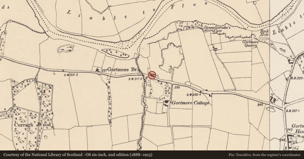Ordnance Survey six-inch map, 2nd edition (1888–1915) covering the location of House - vernacular house, Gortmore, County Cork, with a pin at the register's coordinates