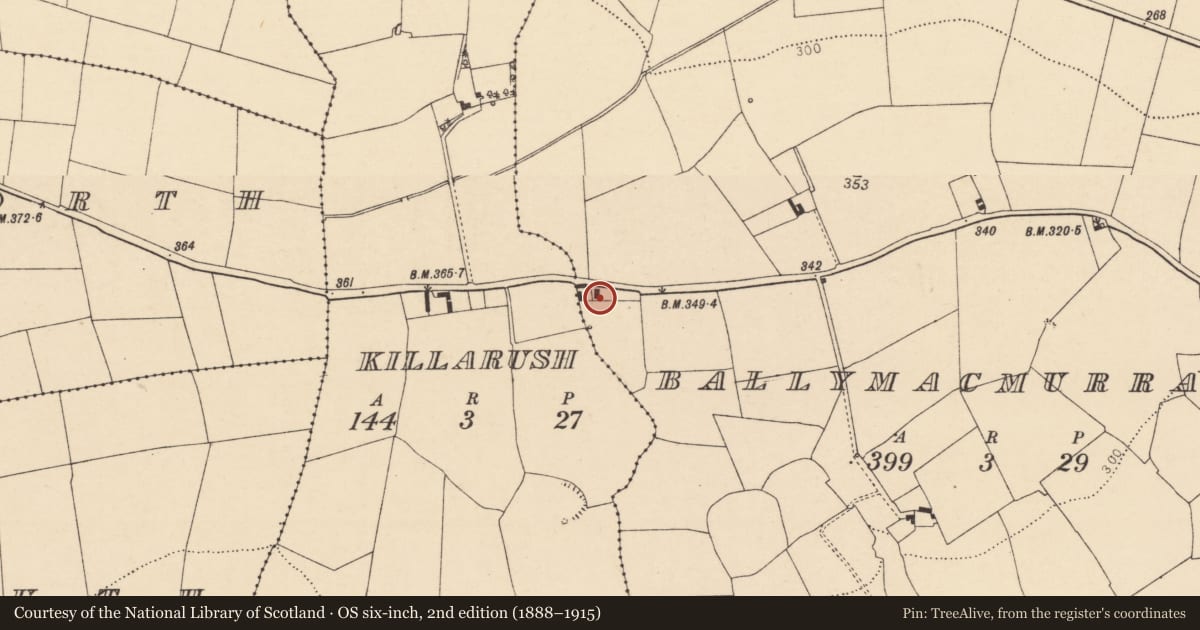 Ordnance Survey six-inch map, 2nd edition (1888–1915) covering the location of House - vernacular house, Ballymacmurragh, County Cork, with a pin at the register's coordinates