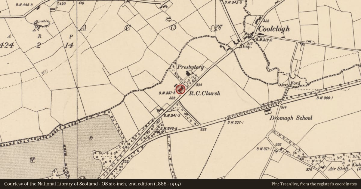 Ordnance Survey six-inch map, 2nd edition (1888–1915) covering the location of Church, Dromagh, County Cork, with a pin at the register's coordinates
