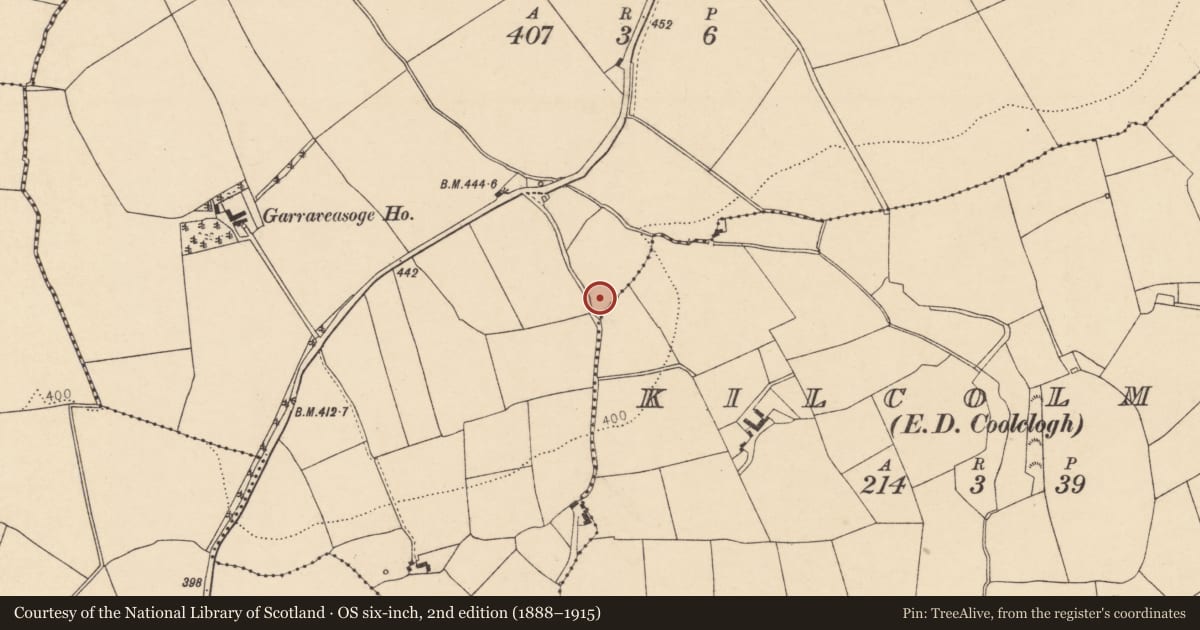 Ordnance Survey six-inch map, 2nd edition (1888–1915) covering the location of Burial ground, Garraveasoge, County Cork, with a pin at the register's coordinates