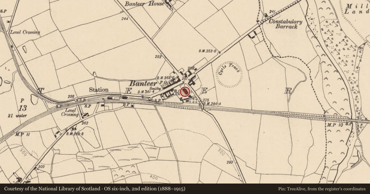 Ordnance Survey six-inch map, 2nd edition (1888–1915) covering the location of Church, Banteer, County Cork, with a pin at the register's coordinates