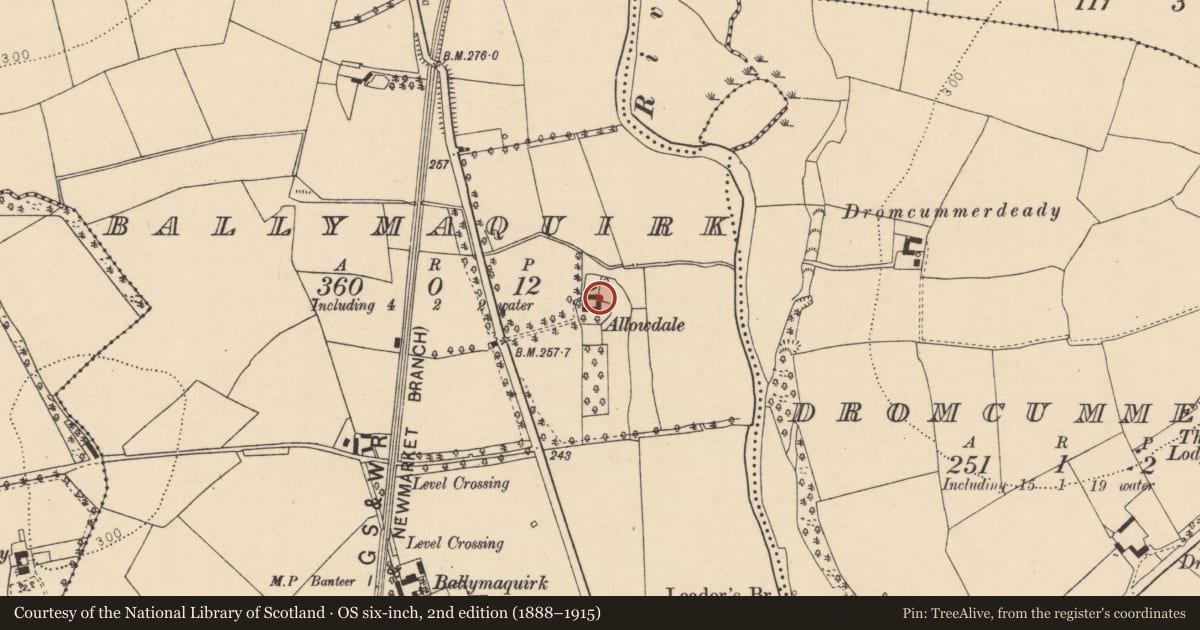 Ordnance Survey six-inch map, 2nd edition (1888–1915) covering the location of Country house, Ballymaquirk, County Cork, with a pin at the register's coordinates