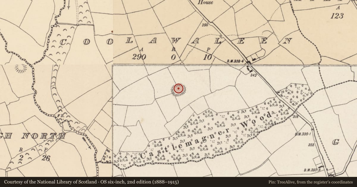 Ordnance Survey six-inch map, 2nd edition (1888–1915) covering the location of Enclosure, Coolawaleen, County Cork, with a pin at the register's coordinates